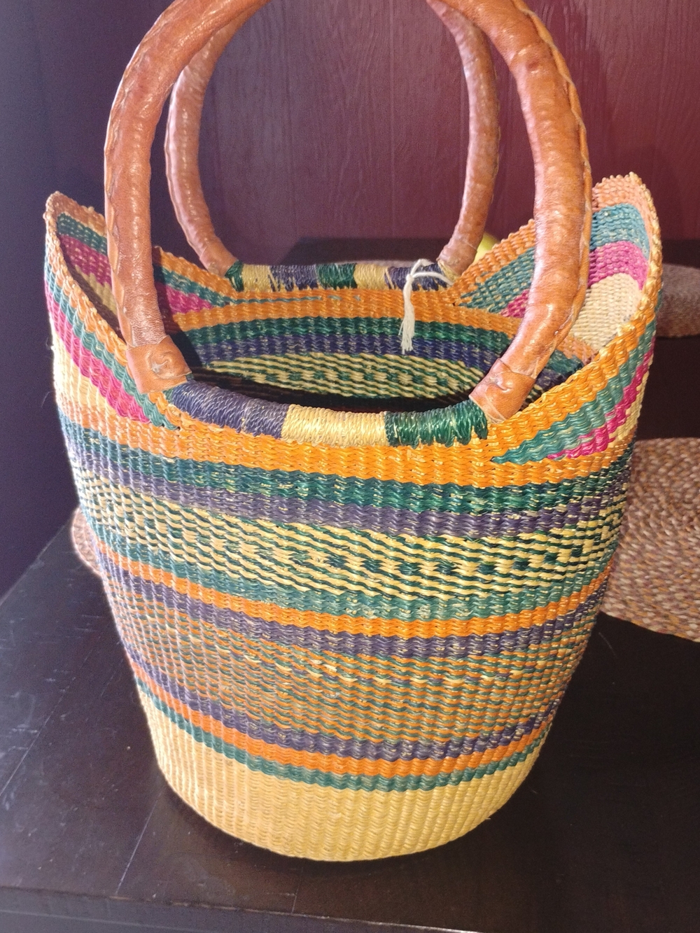Handwoven Multicolor Straw Tote with Leather Handles - Yellow & Green